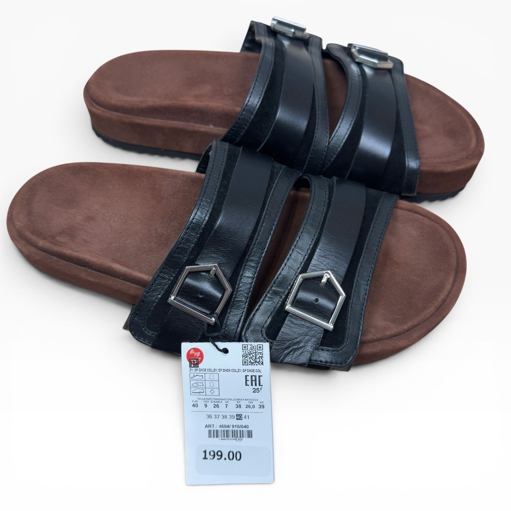 Zara Premium Leather Double Buckle Slide Sandals Women's US 9‎ EU 40 NWT $199 - Picture 2 of 7